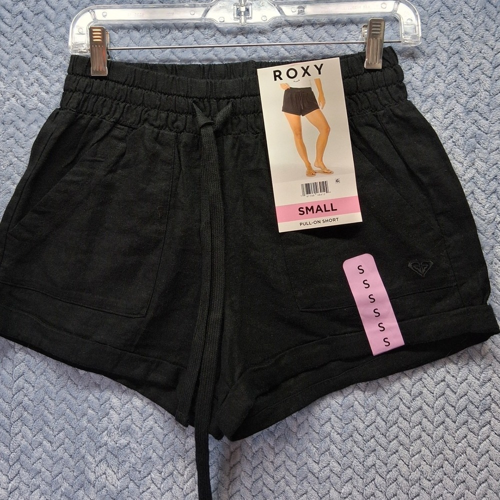 Roxy Womens Small Black Linen Blend Pull On Shorts Drawstring Pockets NWT